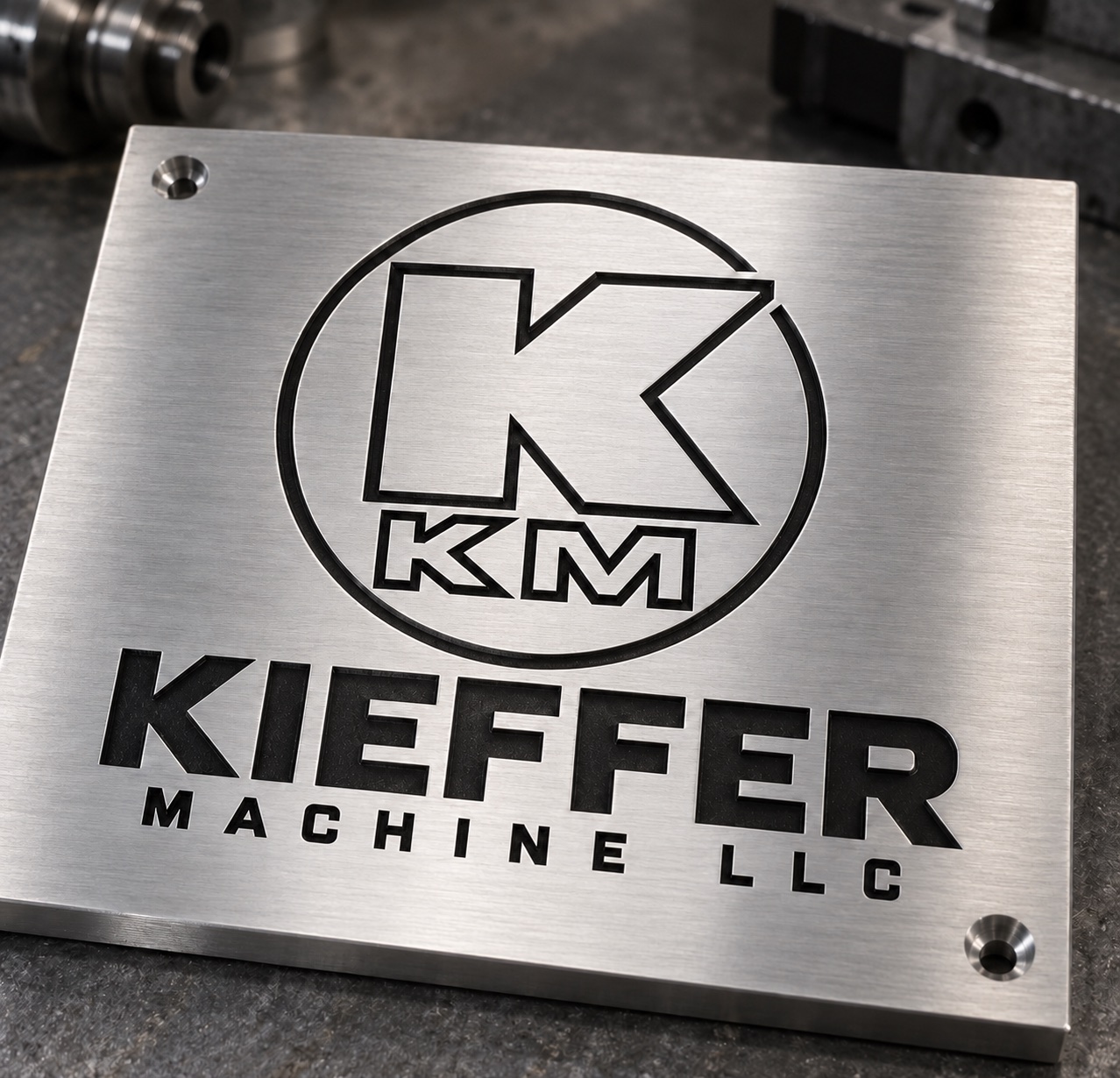 Kieffer Machine LLC logo engraved in a brushed stainless steel plate