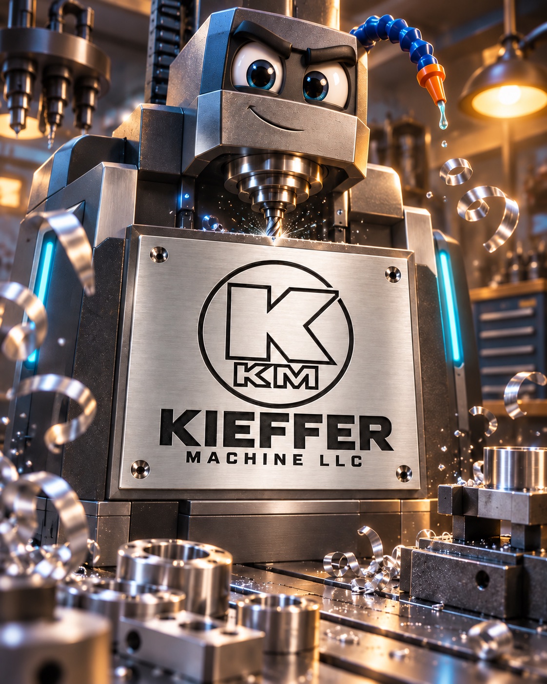The Kieffer Machine LLC mascot: a friendly cartoon milling machine with big eyes, a coolant-hose antenna, and the company logo plate on its chest, surrounded by curling metal chips